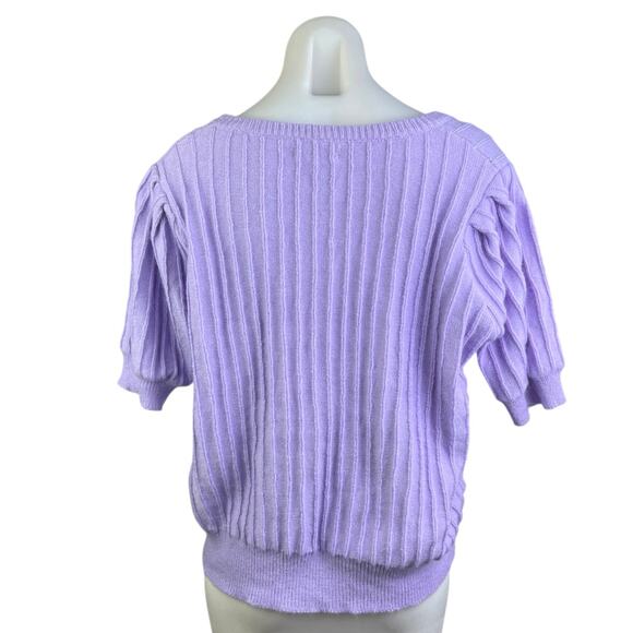 FRNCH Cashmere Purple Wool Knit Rib Short Puff Sleeve Sweater Shirt Blouse Top L - Picture 2 of 4